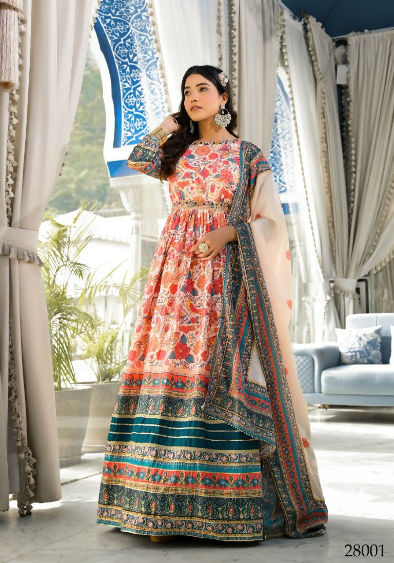 Wedding Designer Multi Soft Dola Silk Anarkali suit with Dupatta - Sanj