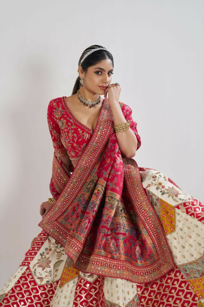 Kesar Fab White Banarasi Silk Embroidered Lehenga
