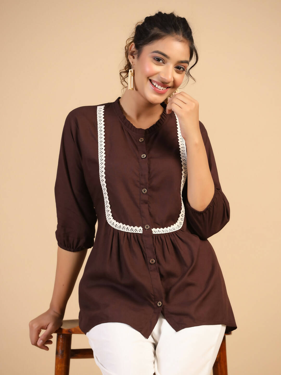 Womens Brown Rayon Solid Top - Keeva