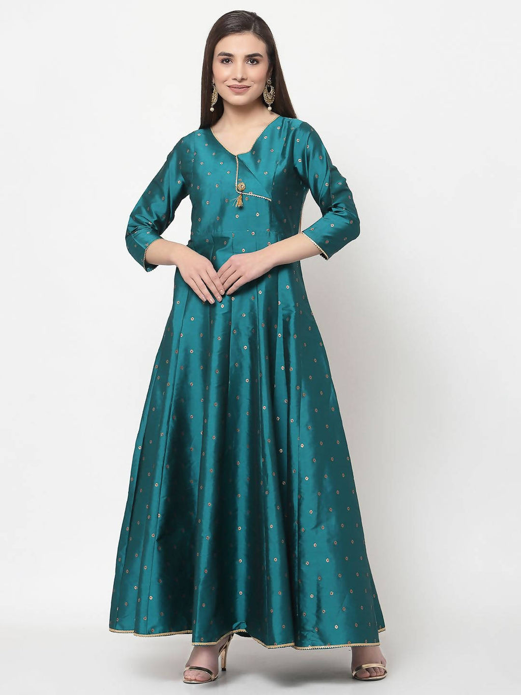 Myshka Green Silk Solid 3/4 Sleeve V Neck Casual Anarkali Kurta Dupatta Set