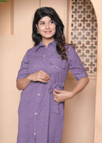 Miravan Womens Purple Solid Half Sleeve Midi Dress With Belt