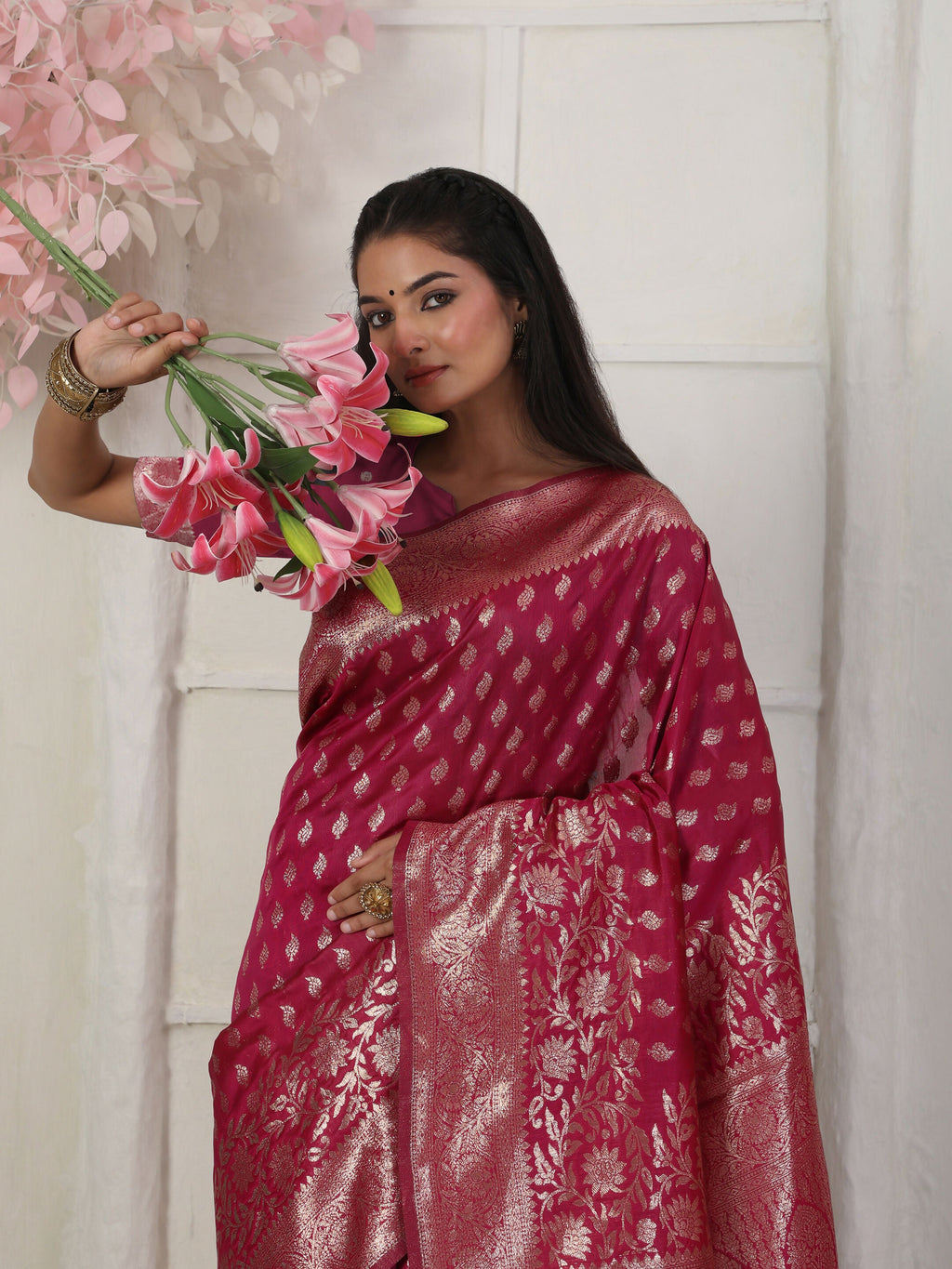 Shree Shyam Fashion Lichi Silk Wine Saree - Distacart