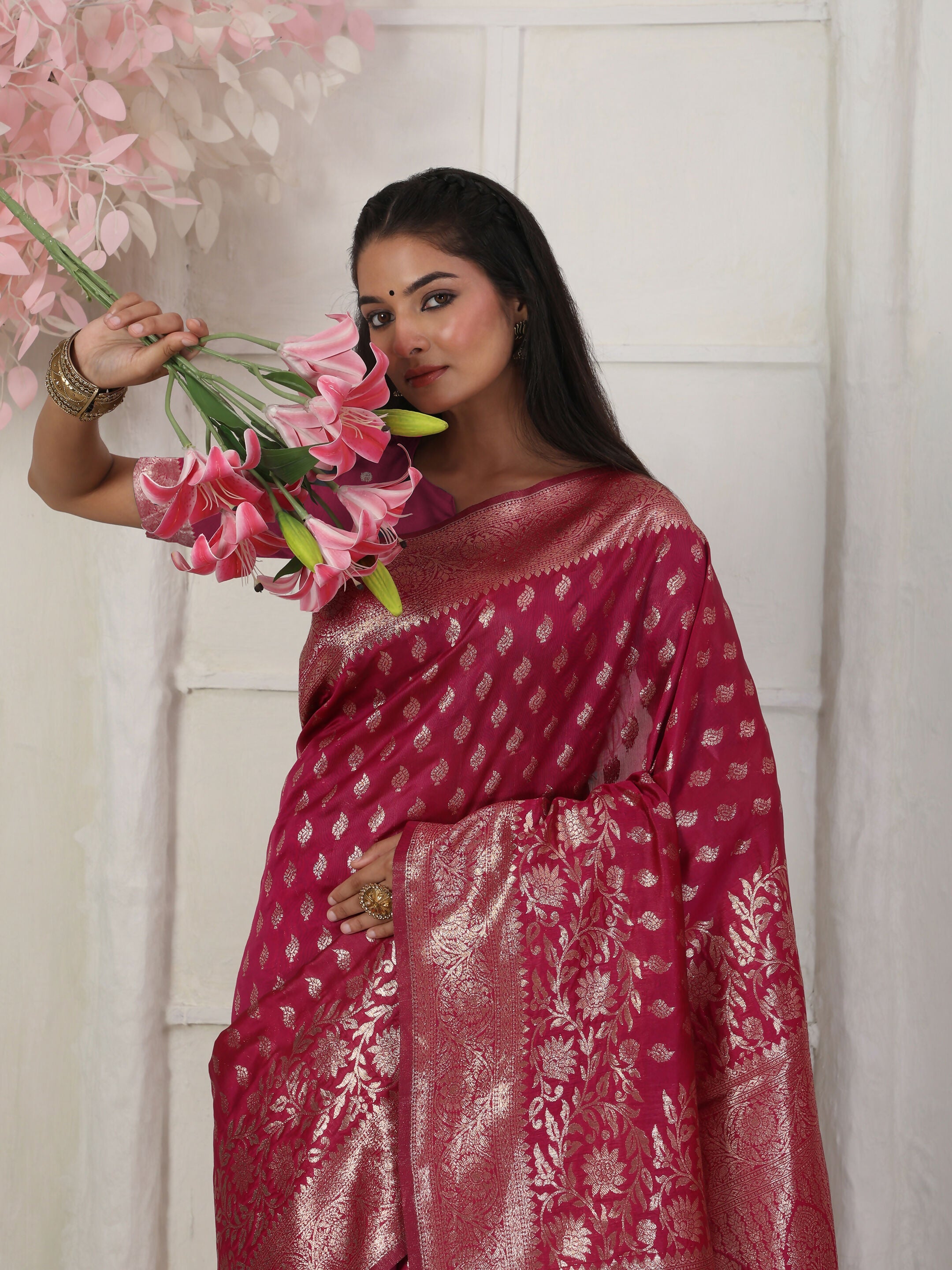 Shree Shyam Fashion Lichi Silk Wine Saree - Distacart