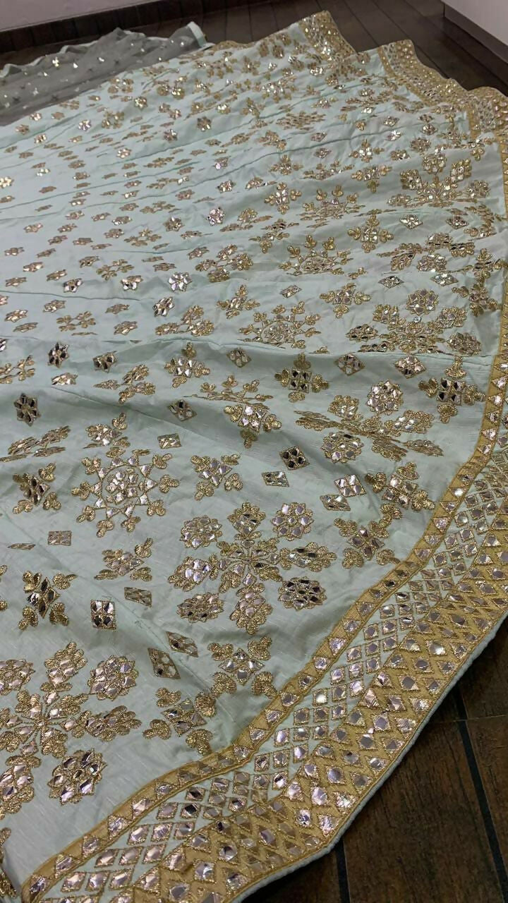 Jyoti Fashion Women's Sky Blue Mulberry Silk Paper Mirror with Zari Embroidered Designer Lehenga Choli Set