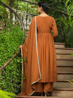 Janasya Brown Georgette Yoke Embroidery Kurta,Bottom & Dupatta
