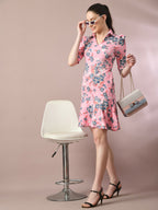 Myshka Women's Pink Printed Shirt Collar Fit and Flare Party Dress - Distacart