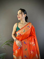 Joban Fashion Orange Zari Woven Floral Motifs Soft Silk Paithani Silk Saree - Distacart