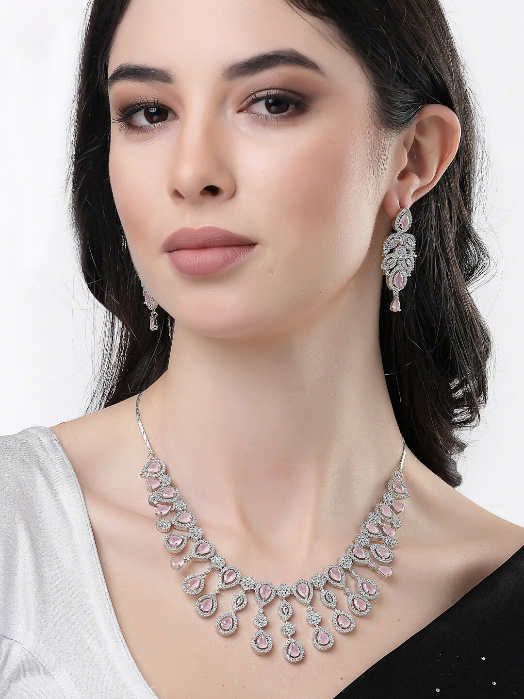 NVR Women's silver plated & Pink CZ stone handcrafted jewellery set