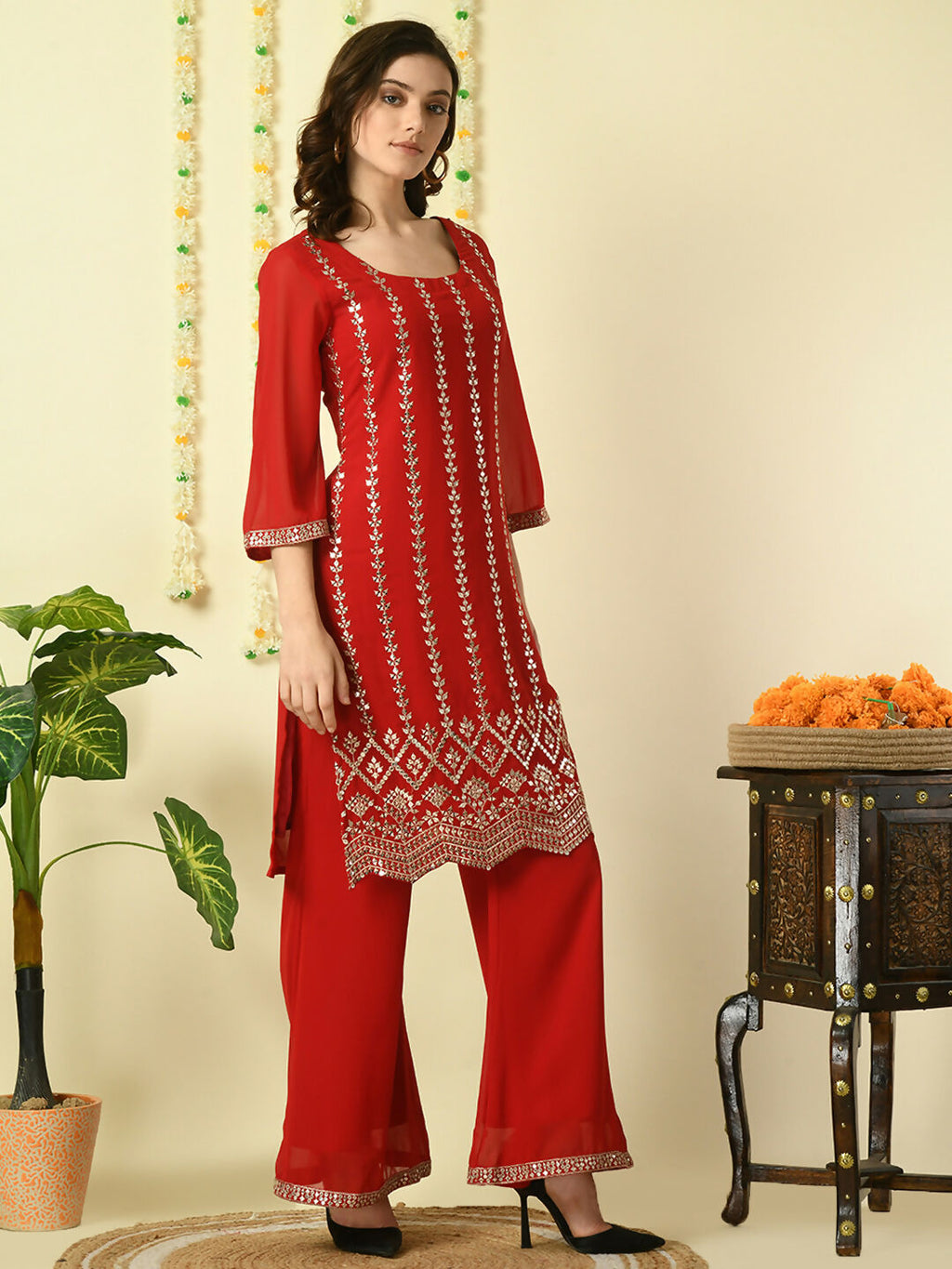 Myshka Women's Red Georgette Kurta & Palazzos With Dupatta Party Sets