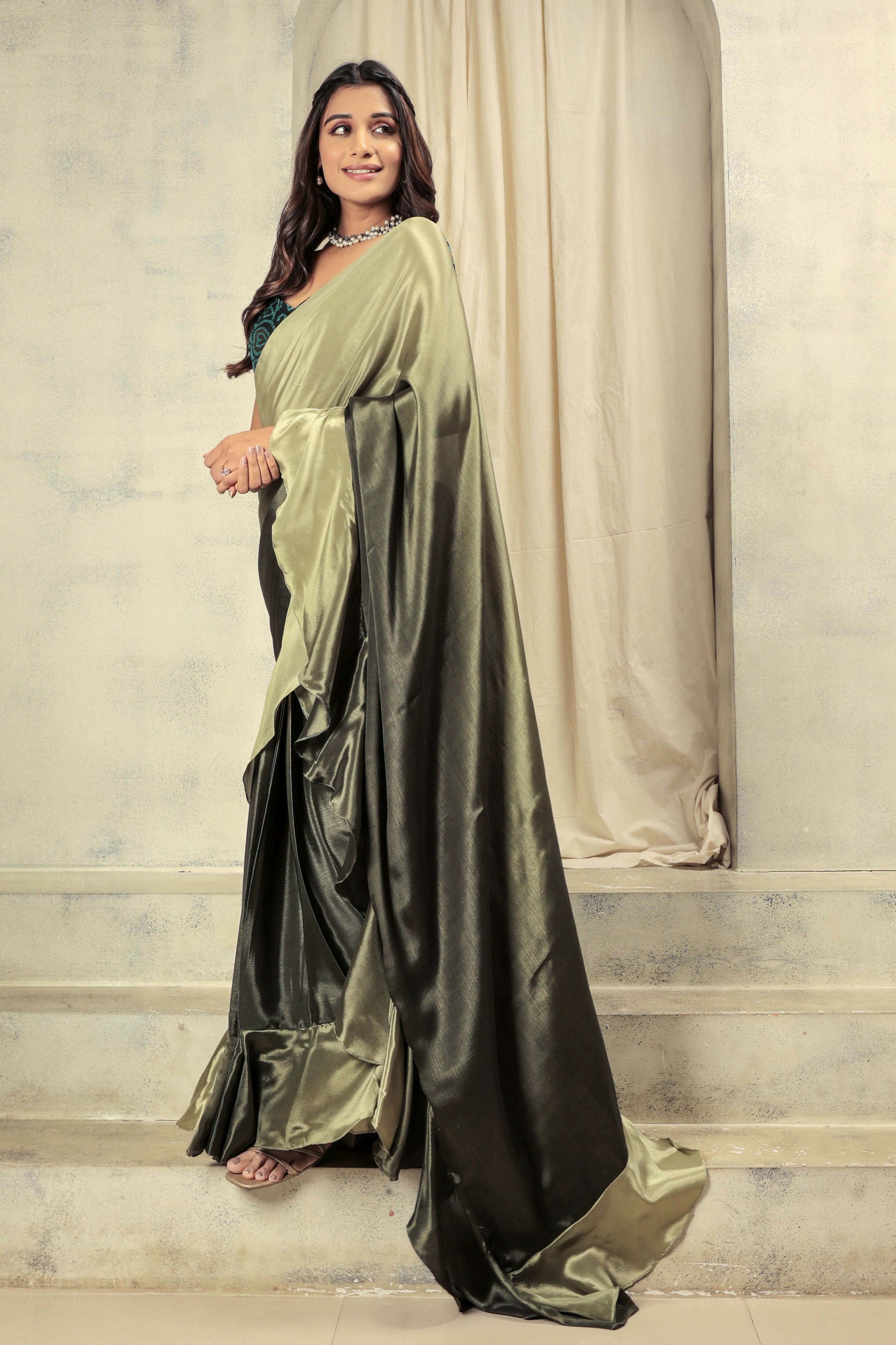 Green Satin Solid Designer, Printed Party Wear Ready To Wear Saree - Nasreen