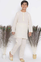 Little Bansi Banarsi Floral Embroidery Jacket with Cotton Kantha kurta and Kantha Pyjama - Cream