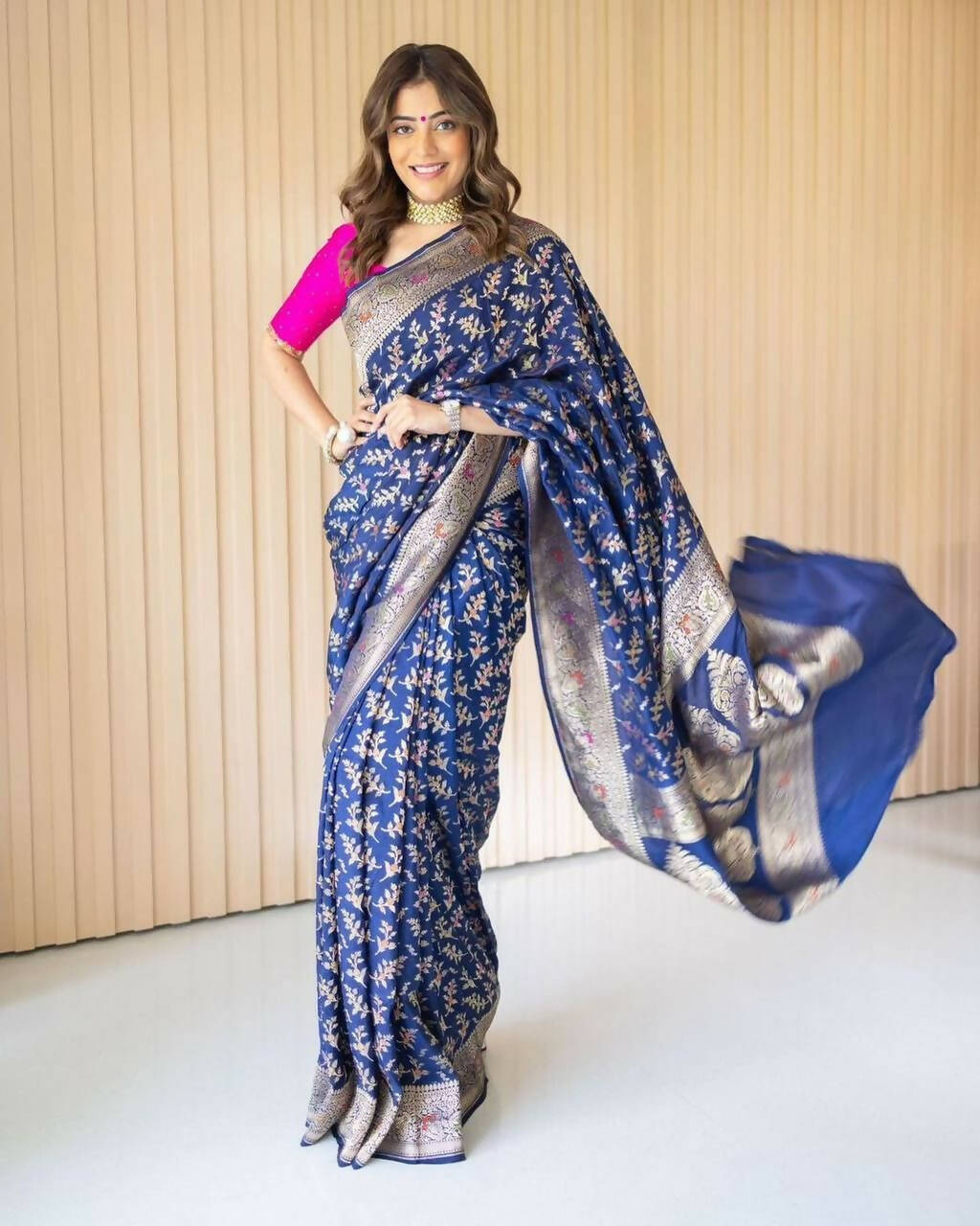 DEIANA'S Beautiful Designer Golden zari Soft Lichi Silk Saree - Navy Blue
