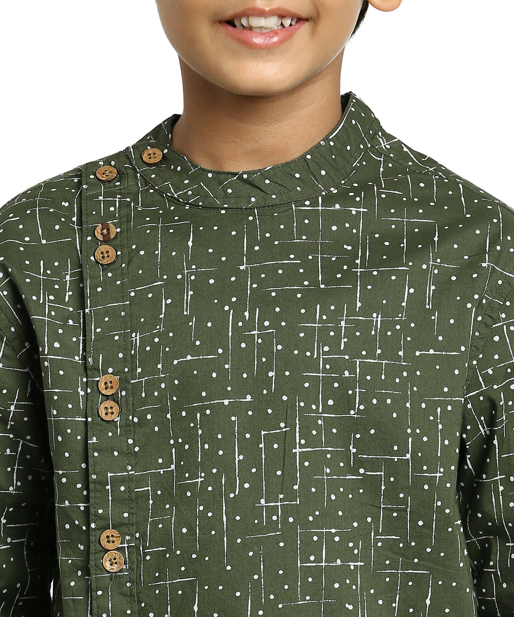Manet Boys Full Sleeves Dot Printed Ethnic Shirt - Olive Green