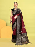 Joban Fashion Maroon & Black Plain With Weaving Border Banarasi Silk Sarees