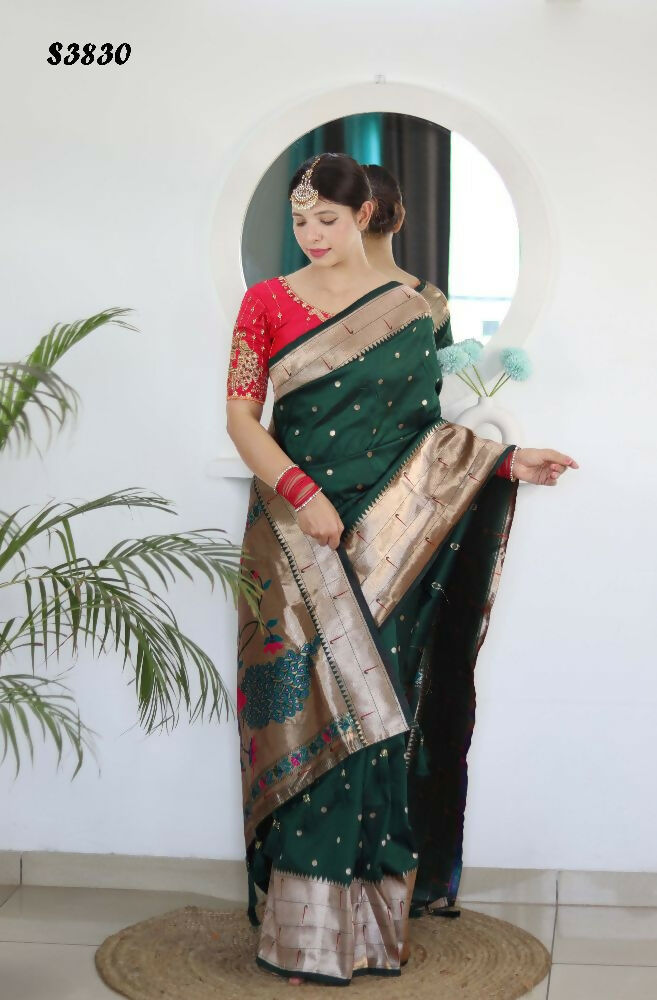 Green Woven Jacquard Designer Embroidery Work Party Wear Saree - Parampara