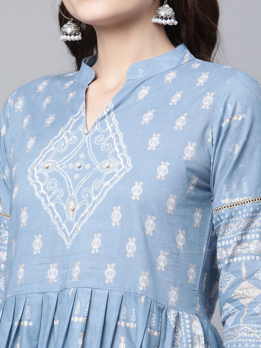 Ahalyaa Women Pastel Blue Pure Cotton Printed Kurta Pant Set With Dupatta