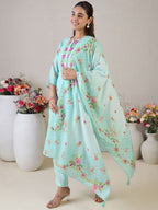 Indo Era Women Floral Embroidered Thread Work Linen Kurta with Trousers & With Dupatta - Distacart