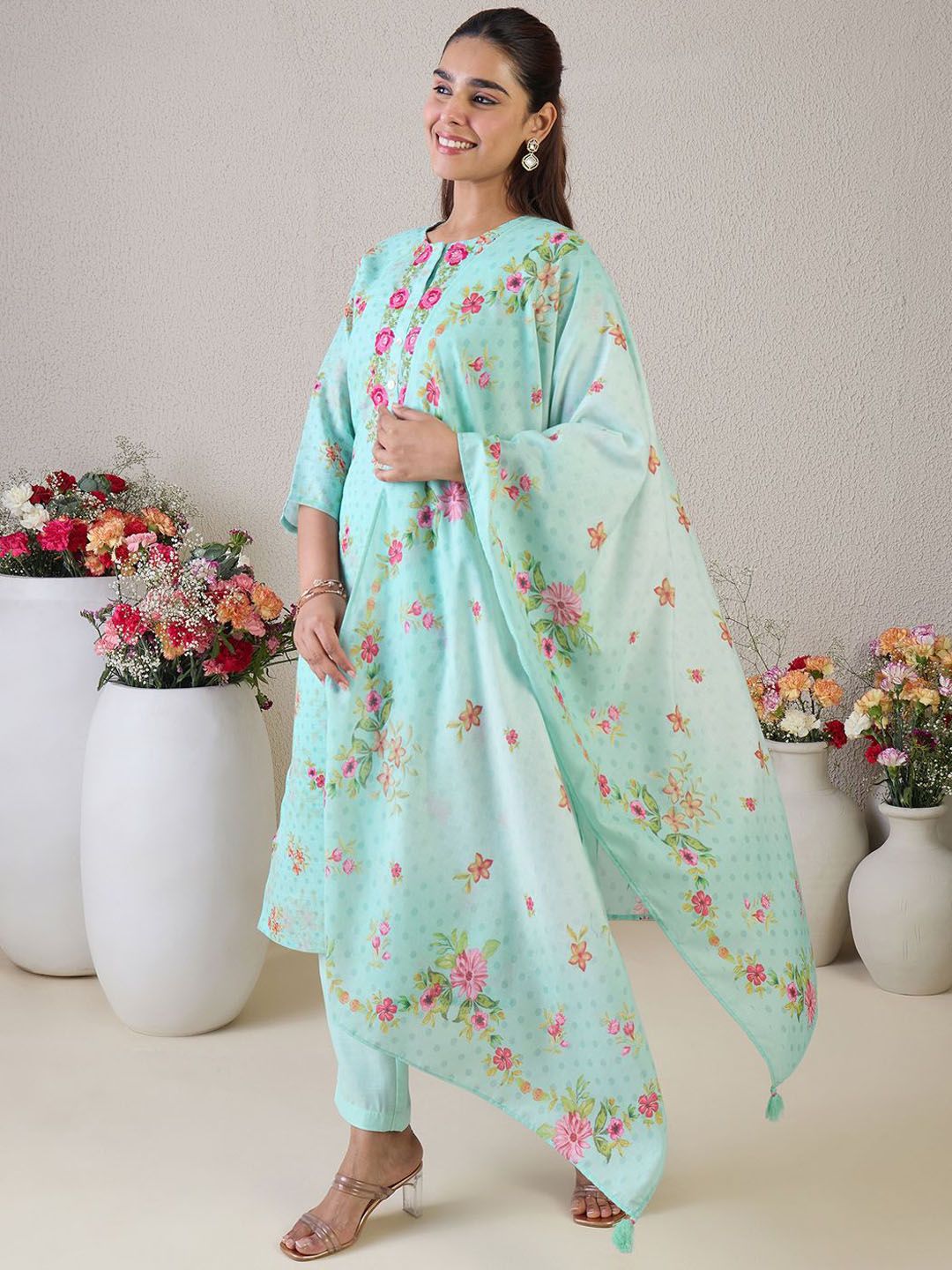 Indo Era Women Floral Embroidered Thread Work Linen Kurta with Trousers & With Dupatta - Distacart