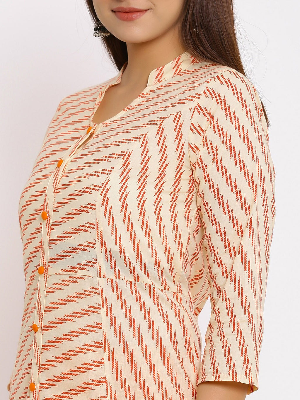 HERE&NOW Orange Mandarin Collar Striped A-Line Kurta