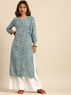 Sangria Women Blue & Off White Geometric Printed Kurta