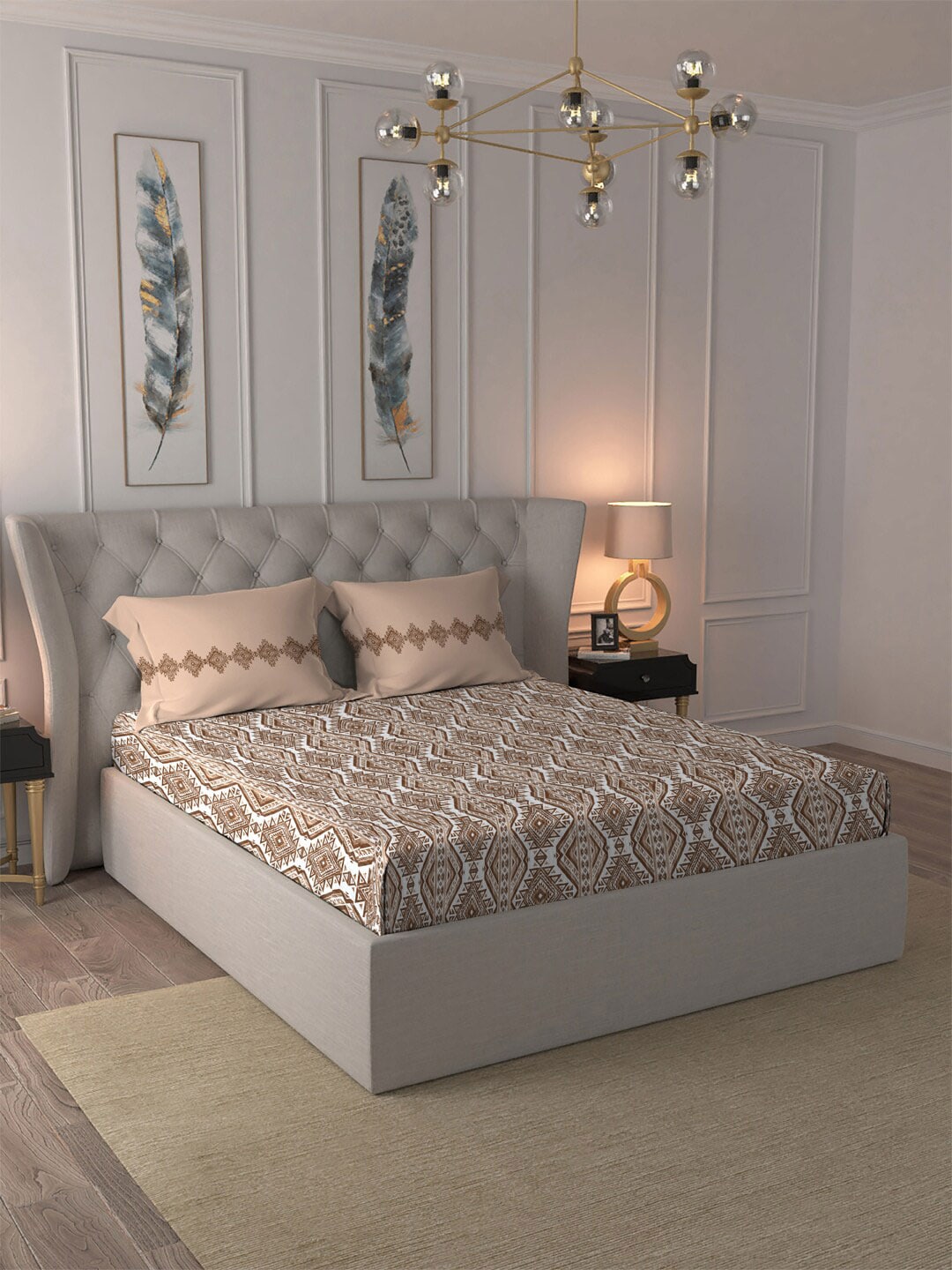 MYTRIDENT Brown Ethnic Motifs Cotton 120 TC Queen Bedsheet With 2 Pillow Covers