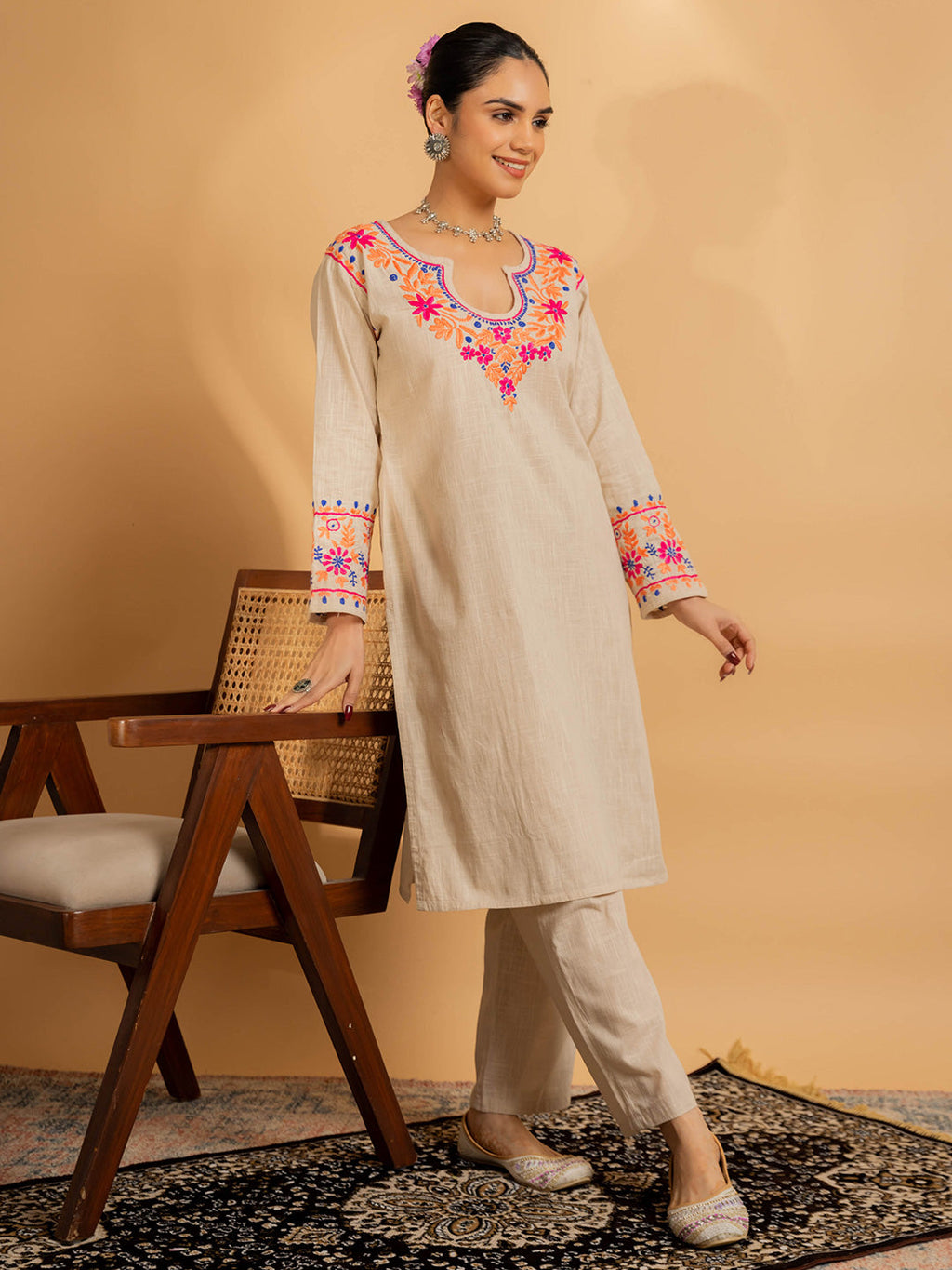 HOUSE OF KARI Floral Embroidered Chikankari Kurta With Palazzo