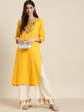 All About You Women Yellow & Beige Embroidered Kurta with Palazzos