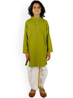 Sethukrishna Boys Green Angrakha Pure Cotton Kurta with Churidar
