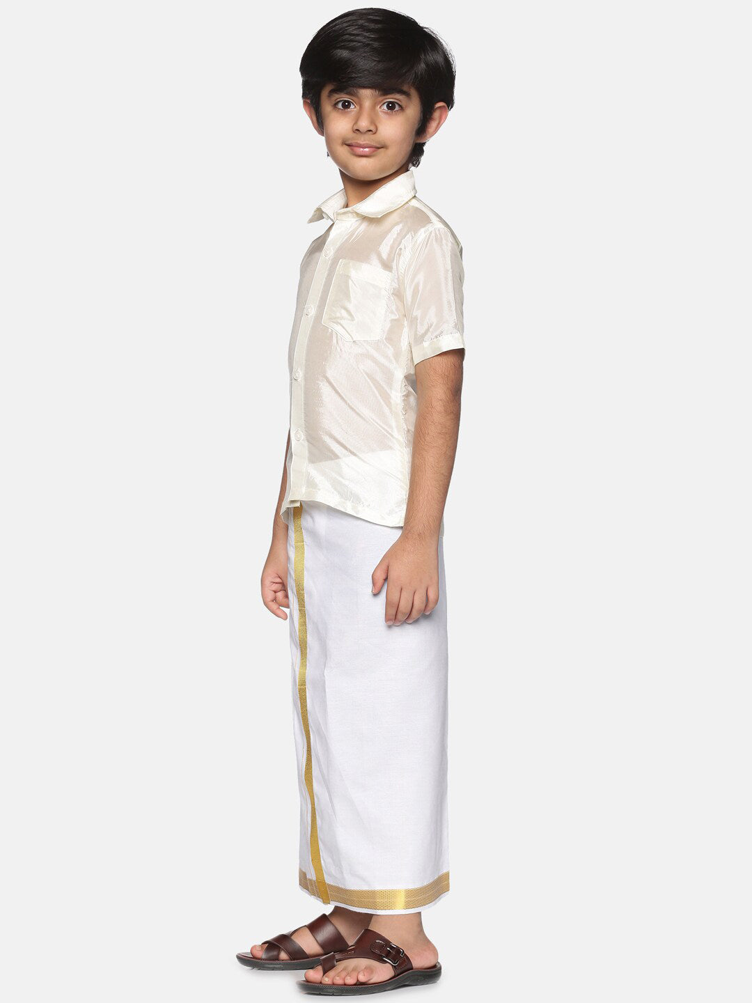 Sethukrishna Boys Cream-Coloured & Gold-Toned Shirt with Dhoti Set