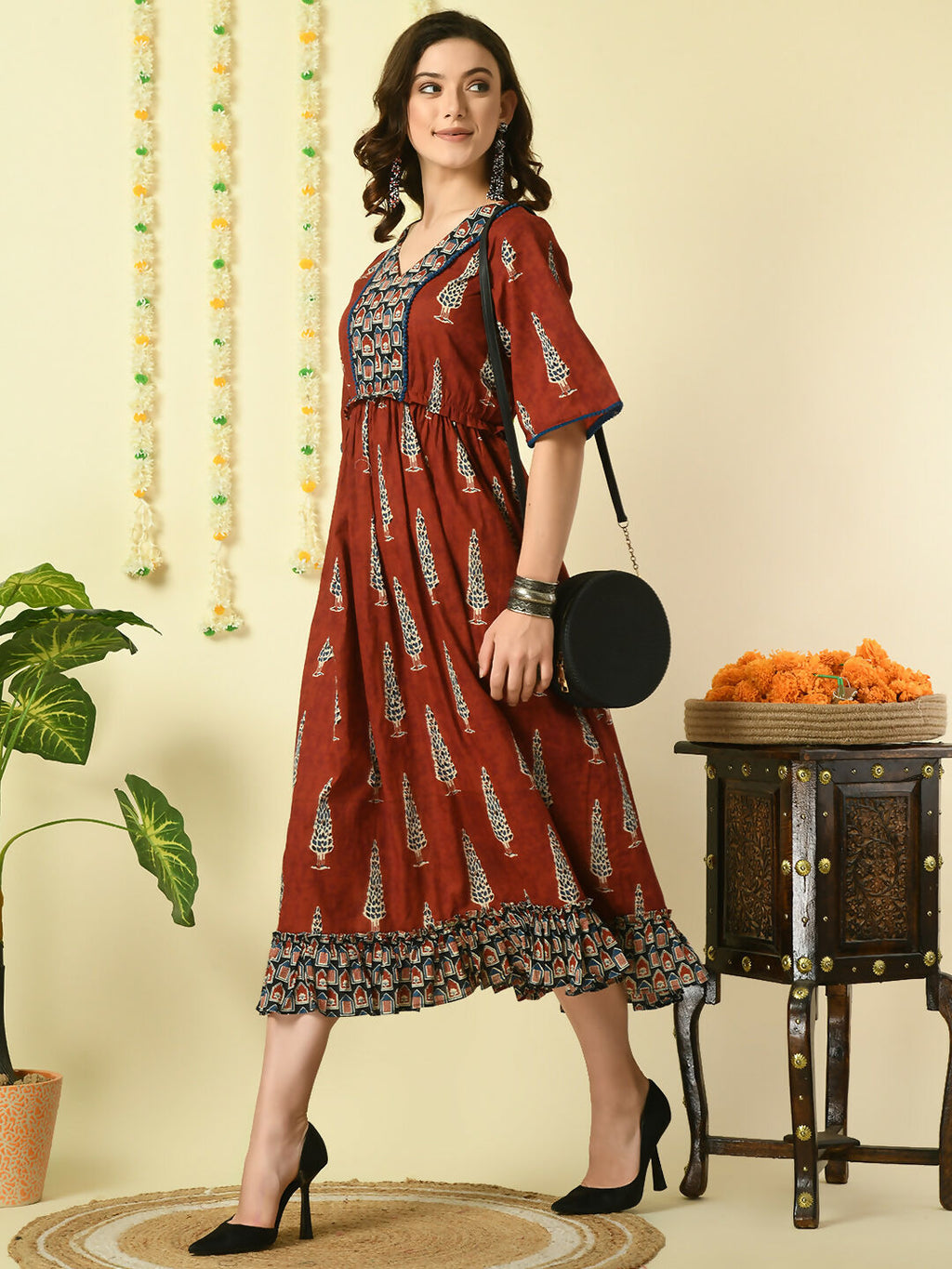 Myshka Women's Rust Printed Cotton Party Dress - Distacart