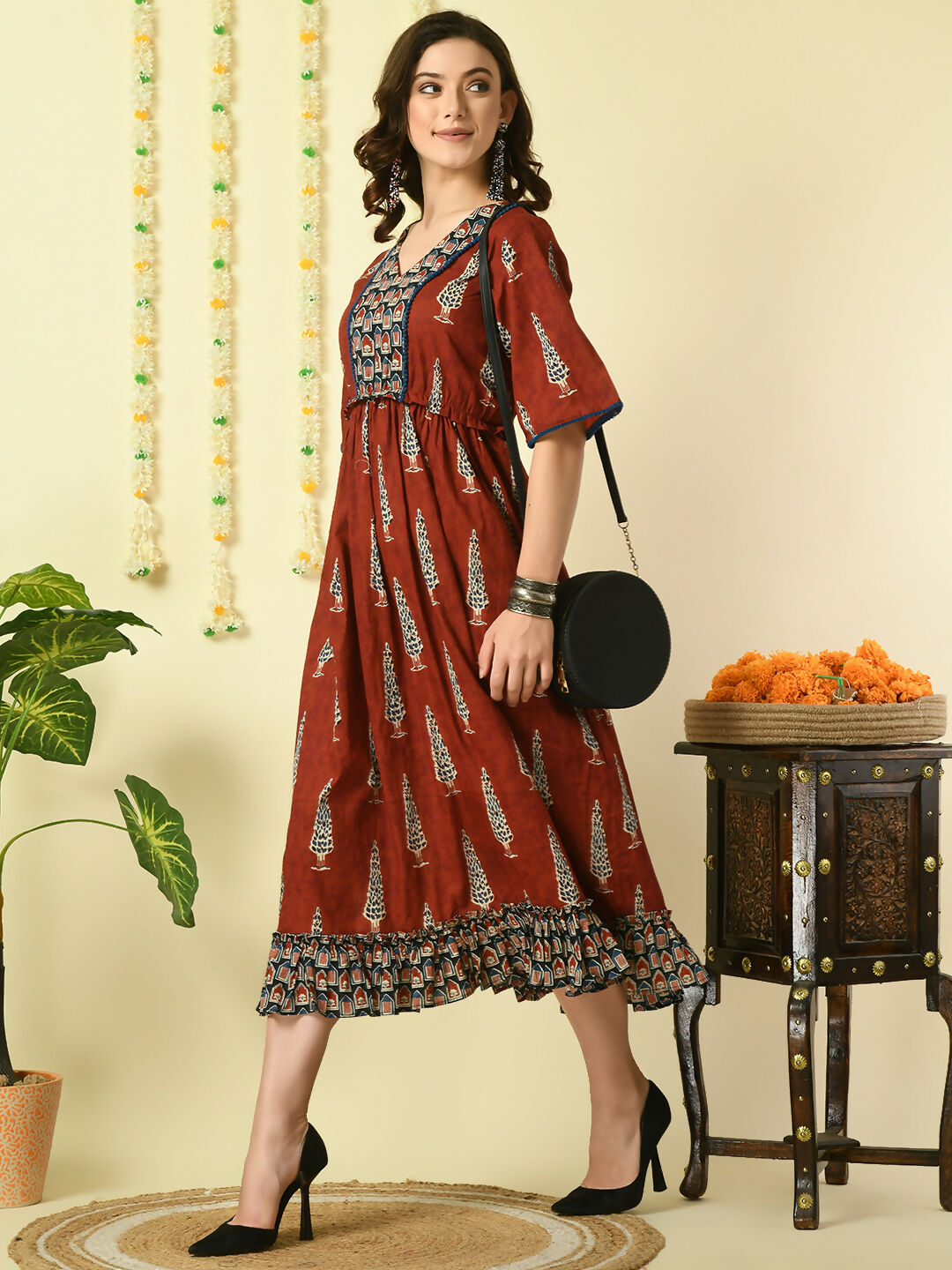 Myshka Women's Rust Printed Cotton Party Dress - Distacart