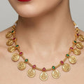 Jewel City Traditional Gold-Plated Temple Lakshmi Coin Necklace Set with Ruby & Emerald Accents - Distacart