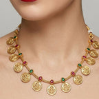 Jewel City Traditional Gold-Plated Temple Lakshmi Coin Necklace Set with Ruby & Emerald Accents - Distacart
