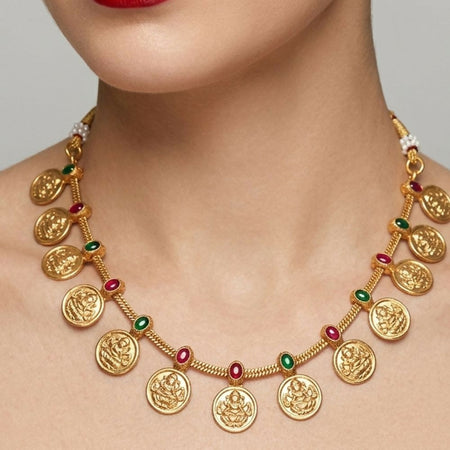 Jewel City Traditional Gold-Plated Temple Lakshmi Coin Necklace Set with Ruby & Emerald Accents