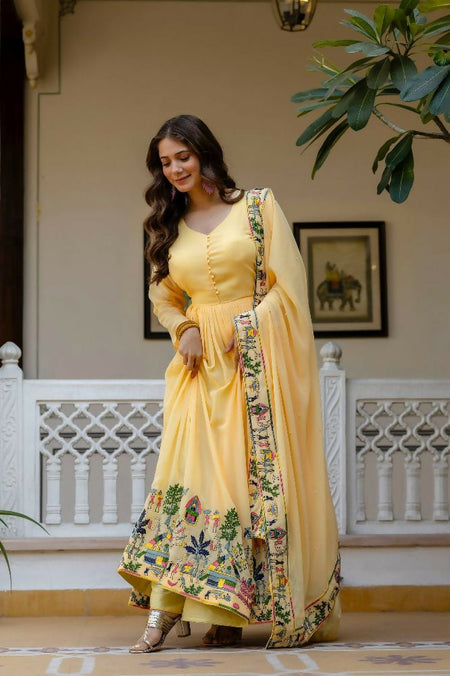 Teeya Creation Yellow Color Faux Georgette Heavy Embroidery Work Party Wear Long Gown