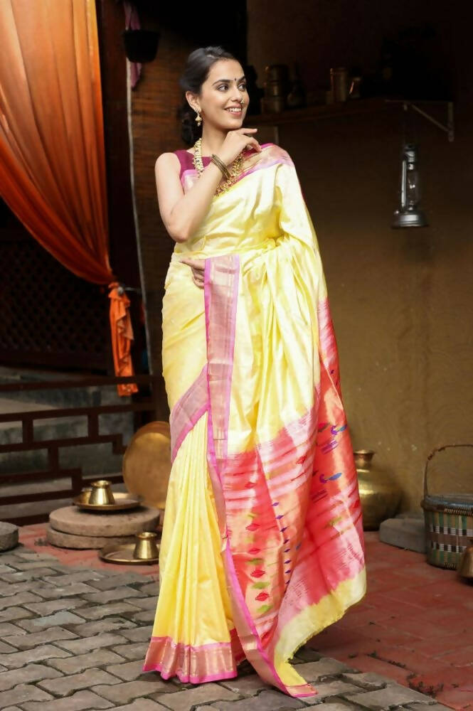 Very Much Indian Handloom Pure Silk Paithani Pastel Light Yellow - Distacart