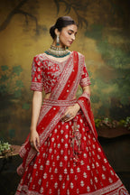 House of Panchhi Red Pure Silk Moti & Zarkan heavy embroidery Lehenga choli & Dupatta
