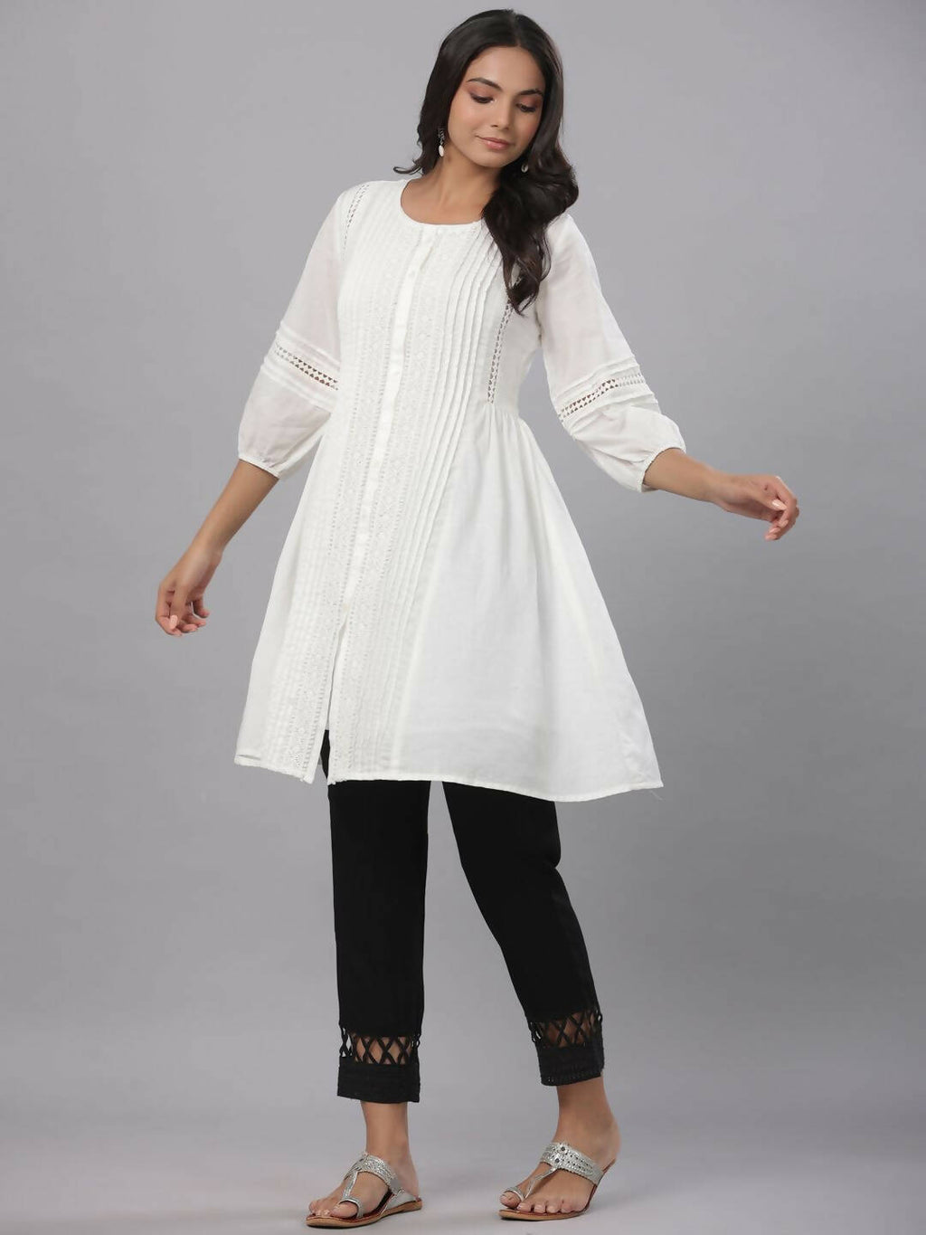 Juniper Women's White Cotton Silk Solid A-Line Kurta - Distacart