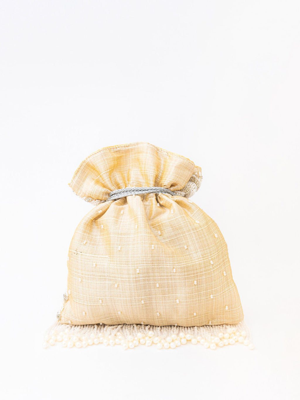 NR By Nidhi Rathi Cream-Coloured & Gold-Toned Embellished Potli Clutch - Distacart