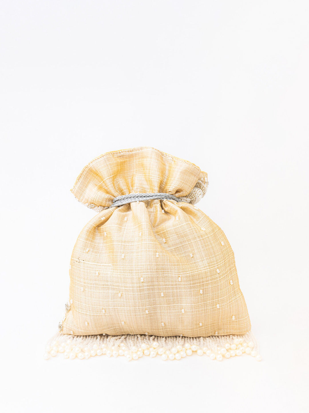 NR By Nidhi Rathi Cream-Coloured & Gold-Toned Embellished Potli Clutch - Distacart