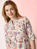 Sangria Off White Floral Printed Mandarin Collar Cotton A-Line Kurta - Distacart