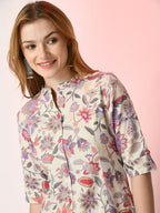 Sangria Off White Floral Printed Mandarin Collar Cotton A-Line Kurta - Distacart