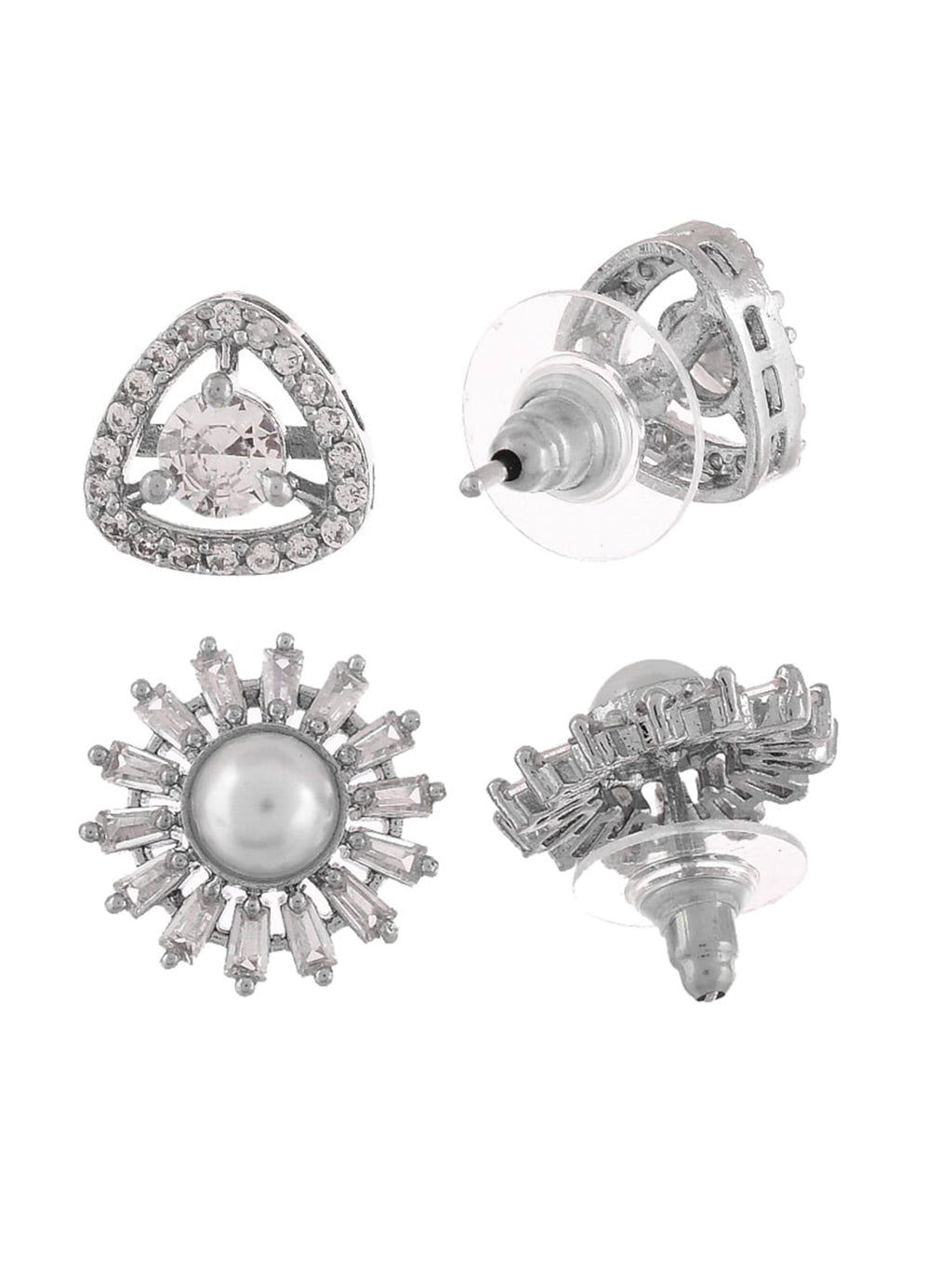 Shoshaa Set of 2 Silver-Toned Ad Stones Contemporary Studs Earrings - Distacart