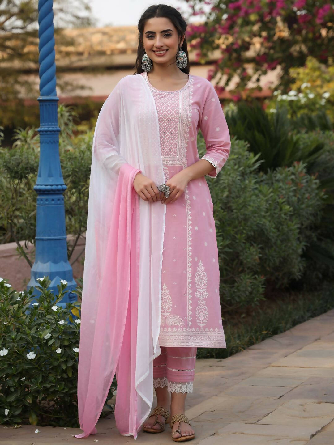 Juniper Women's Pink Cambric Floral Print Kurta Straight Pant And Duptta Sets - Distacart