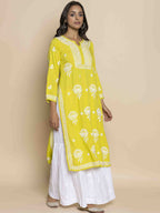 HOUSE OF KARI Floral Chikankari Embroidered Cotton Straight Kurta