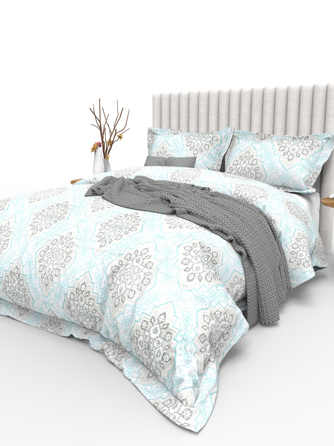THE WHITE MOSS Blue & Grey Ethnic Motifs 350 TC Cotton King Bedsheet with 2 Pillow Covers