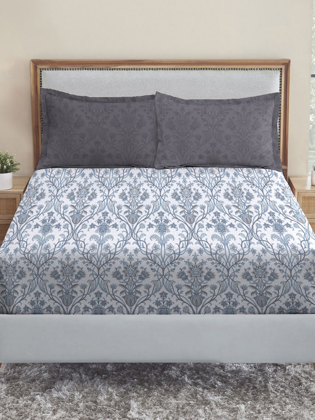 MYTRIDENT Dusk and Dawn Blue Ethnic Motifs Cotton 144 TC Queen Bedsheet 2 Pillow Covers