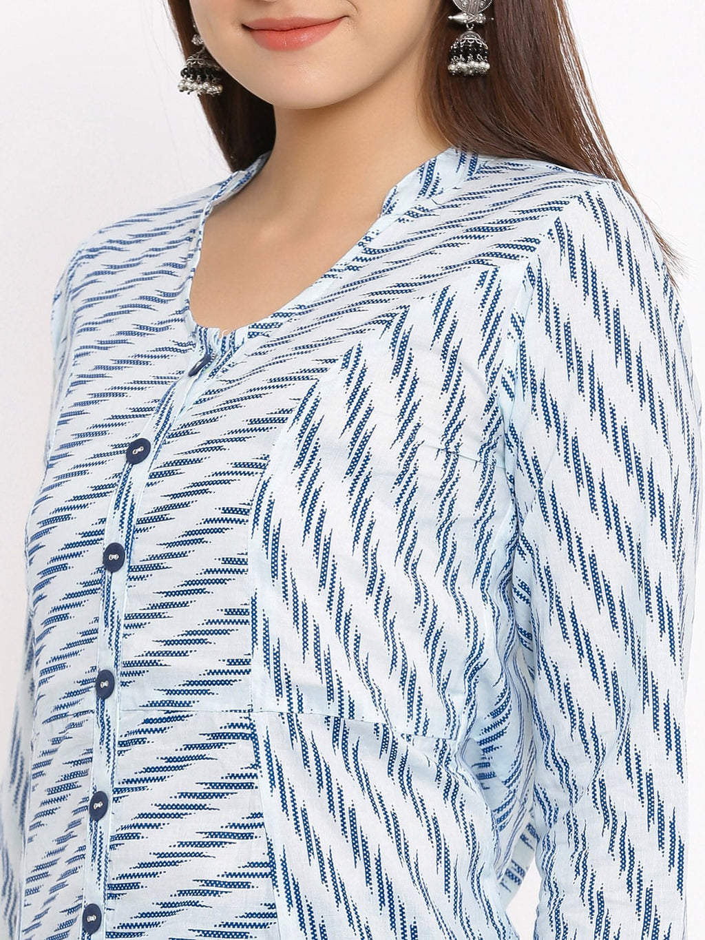 HERE&NOW Blue & White Striped Mandarin Collar Kurta