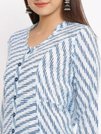 HERE&NOW Blue & White Striped Mandarin Collar Kurta