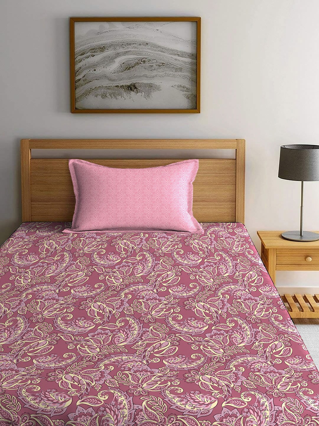 MYTRIDENT Maroon & White Ethnic Motifs Cotton 120 TC Single Bedsheet With 1 Pillow Cover